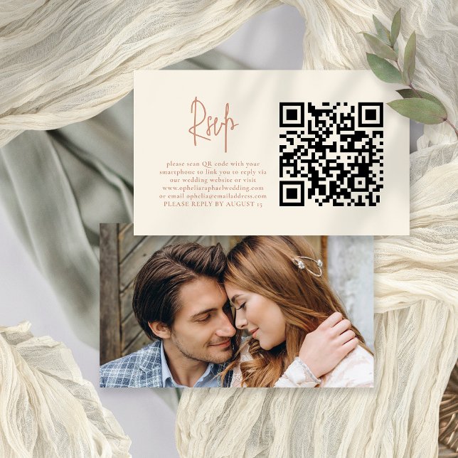 Foto Script Terracotta Cream QR Wedding RSVP Card Begleitkarte (Front and back view. With or without your photo on the back.)