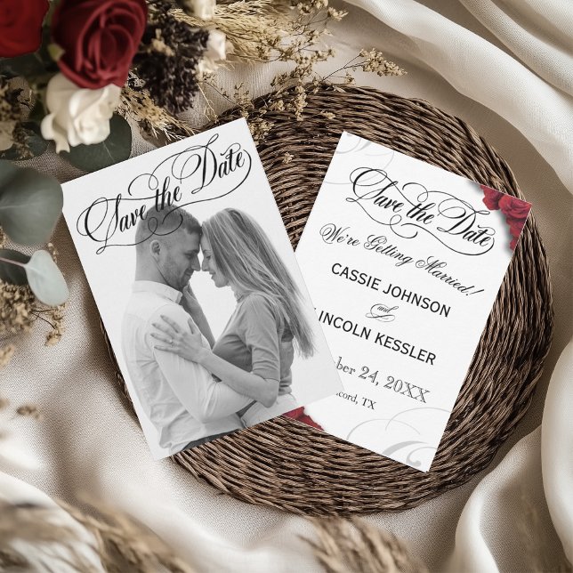 Foto Script Typografy Rote Rosen Save The Date (Red Roses Save the Date with Photo and Script)