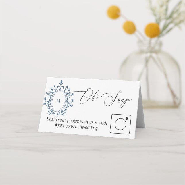 Foto-Sharing-Falt-Tischkarte Teal Monogramm Platzkarte (Vorderseite)