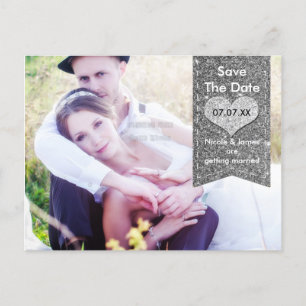 Foto Silber GLITTER Herz SAVE THE DATE Postkarte