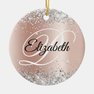 Foto Silber Glitter Rose Gold Schimmer Monogramm Keramik Ornament