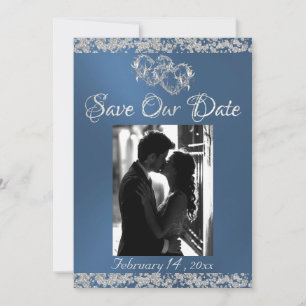 Foto, Silberherz und Glitzer - Blau Save The Date
