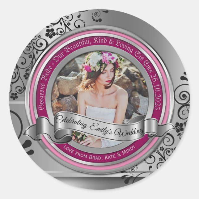 Foto Silver Black Blühe Elegantes Banner Magenta Runder Aufkleber (Vorderseite)