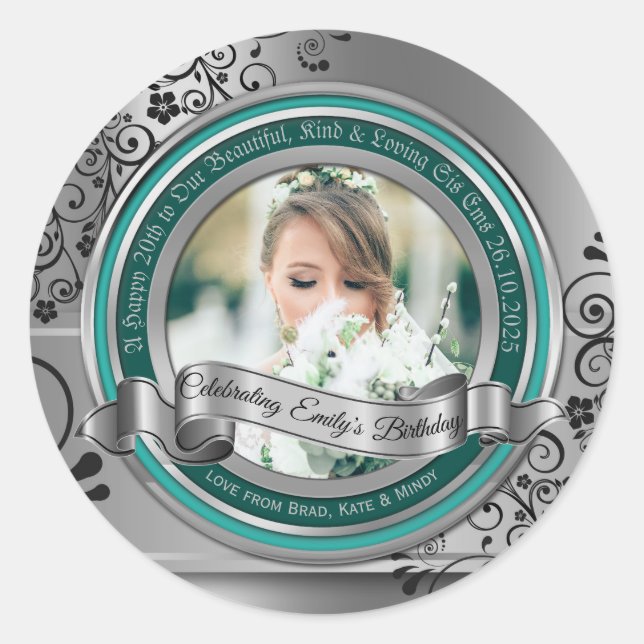 Foto Silver Blühe Elegantes Banner Türkis Runder Aufkleber (Vorderseite)