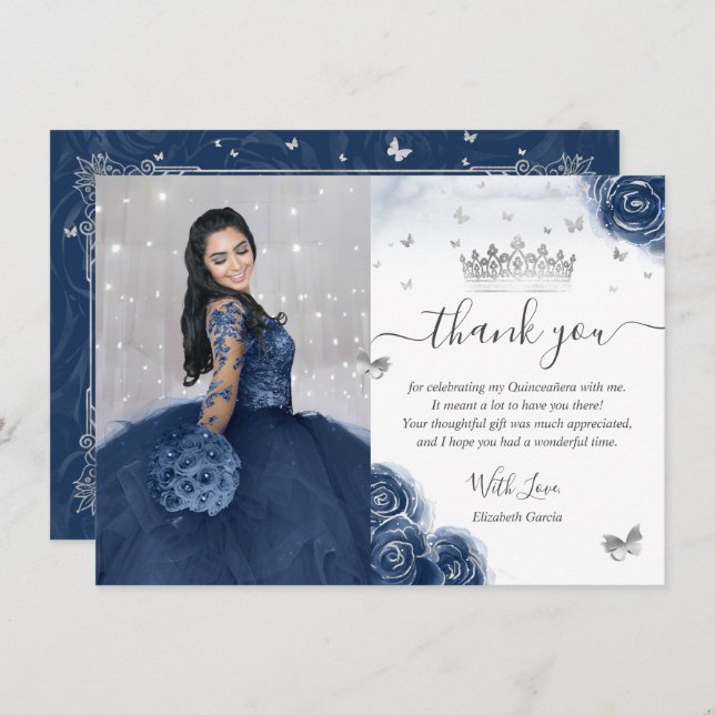 Foto Silver Navy Blue Quinceanera Flat Vielen Dank Karte (Vorne/Hinten)