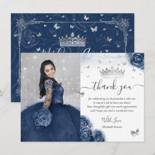 Foto Silver Navy Blue Quinceanera Flat Vielen Dank Karte