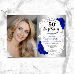 Foto Silver White Royal Blue 50. Geburtstag Einladung<br><div class="desc">Elegante florale feminine 50. Geburtstagseinladung mit Ihrem Foto. Glam-Design mit Imitaten Silber. Enthält königsblaue Rose,  Skript-Schriftart und Konfetti. Ideal für ein stilvolles Party für Erwachsene. Personalisieren Sie Ihre persönlichen Daten. Kann für jedes Alter angepasst werden! Gedruckte Zazzle Einladungen oder Sofortdownload digitalen druckbaren Vorlage.</div>