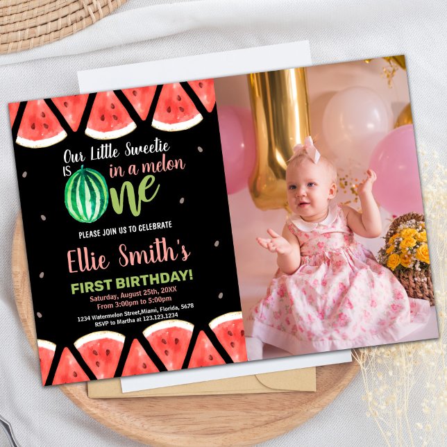Foto Slices Green Watermelon Einladung zum Geburts (Photo Slices Green Watermelon Birthday Invitations)