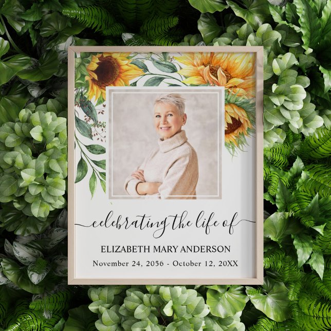 Foto Sonnenblumen-Gedenkfeier (Sunflower floral watercolor celebration of life poster with a photo of your loved one.)