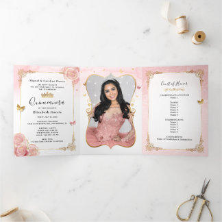 Foto Spanisch Light Pink und Gold Quinceanera Dreifach Gefaltete Einladung