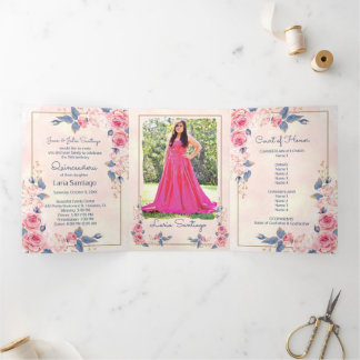 Foto Spanisch Pink Blue Rose Quinceanera Dreifach Gefaltete Einladung