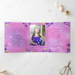Foto Spanisch Rosa Aquarellfarbe Quinceanera Dreifach Gefaltete Einladung