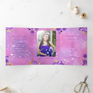 Foto Spanisch Rosa Aquarellfarbe Quinceanera Dreifach Gefaltete Einladung