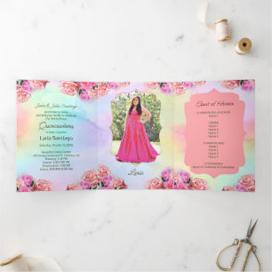 Foto Spanisch Rosa Roses Rainbow Quinceanera Dreifach Gefaltete Einladung