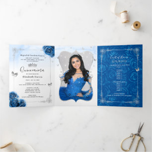 Foto Spanisch Silver Royal Blue Quinceanera Dreifach Gefaltete Einladung
