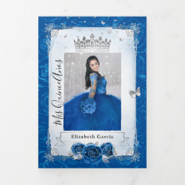 Foto Spanisch Silver Royal Blue Quinceanera Dreifach Gefaltete Einladung