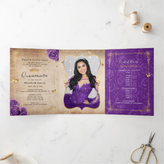 Foto Spanische Lila Rose Gold Quinceanera Dreifach Gefaltete Einladung