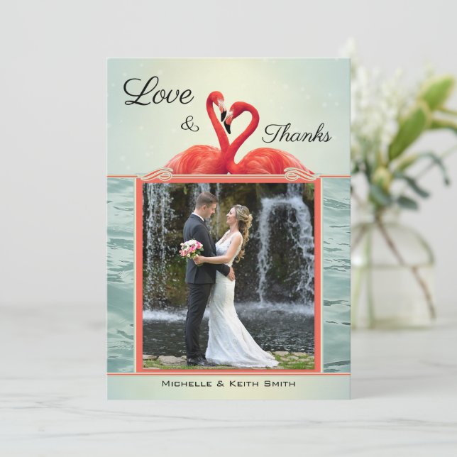Foto Sparkling Flamingo Wedding Dankeschön Karte (Stehend Vorderseite)