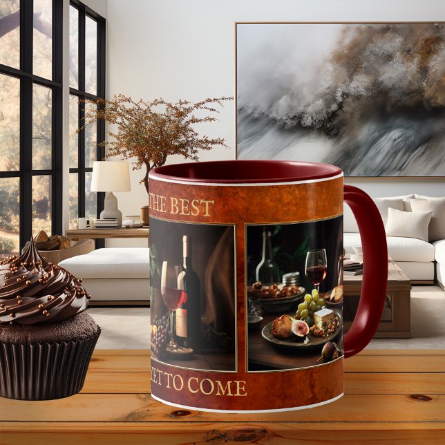 Foto Spaß Wein Thema Tasse (Photo mug showing 3 paintings with a wine theme (or your photos) framed by a grunge burgundy design)