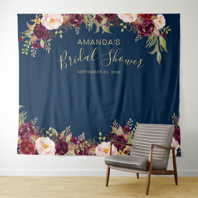Foto-Stand des Burgund-Floral-Navy-Brautparty Wandteppich (Beispiel (Horizontal))