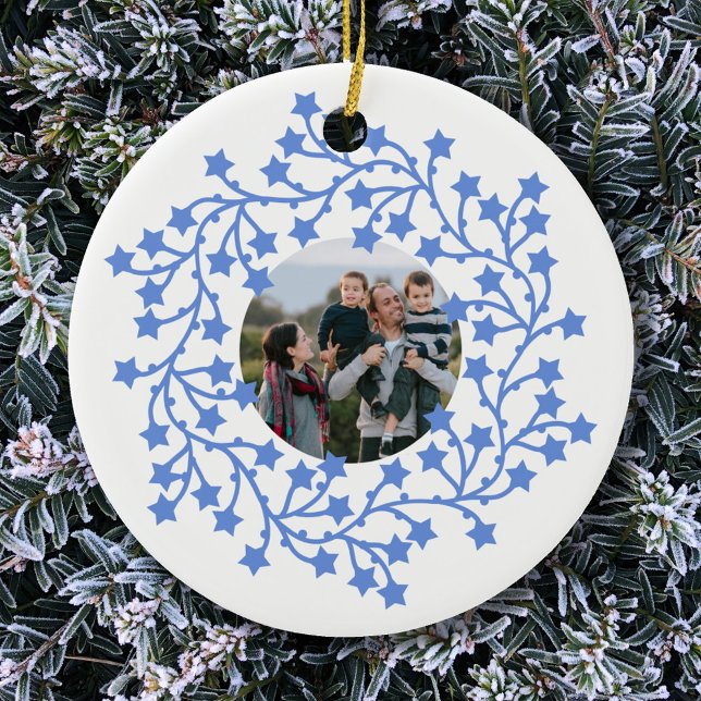 Foto Star Wreath Skandinavien Keramik Ornament (Modern Scandinavian star wreath garland personalized photo Christmas holiday ceramic ornament)