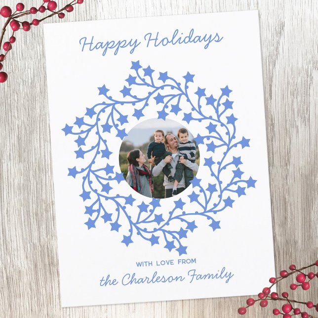 Foto Star Wreath Skandinavien - Urlaub Postkarte (Scandinavian star wreath garland personalized photo Christmas or holiday postcard)