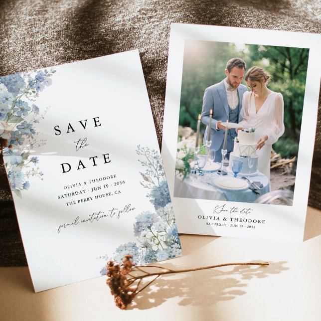 Foto Staubblau Wasserfarbe Florale Hochzeit Save The Date (Dusty blue floral wedding save the date with photo back, watercolor hydrangea, elegant card)