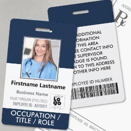 Foto, Strichcode, Name und Logo Navy Blue ID Abzei Ausweis