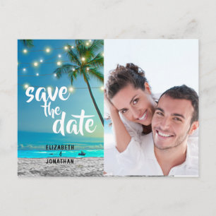 Foto String Lights Tropical Beach Save the Date Ankündigungspostkarte
