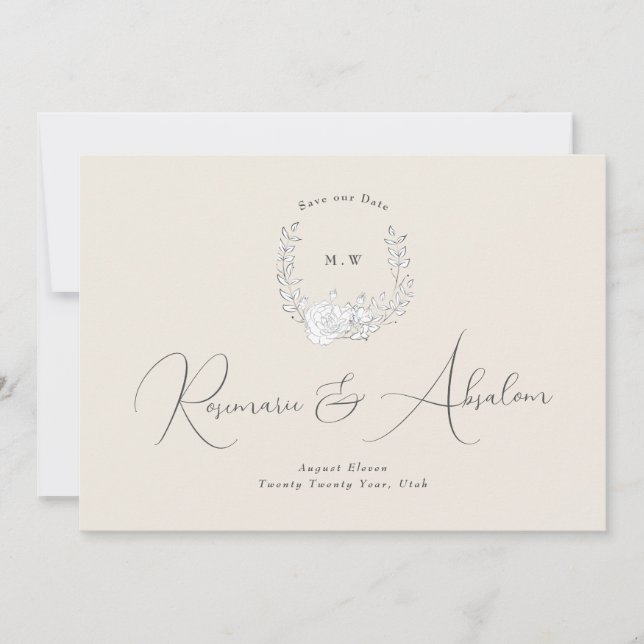 Foto Subtle Elegance | Classic Wreath Monogram Save The Date (Vorderseite)