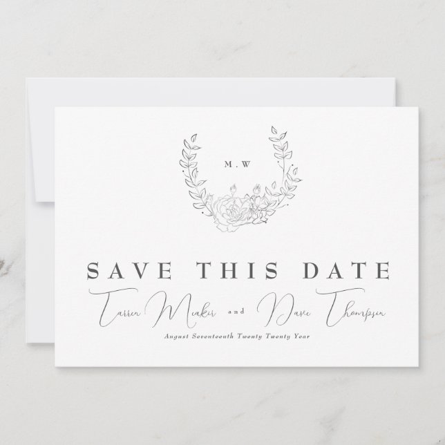 Foto Subtle Elegance | Classic Wreath Monogram Save The Date (Vorderseite)