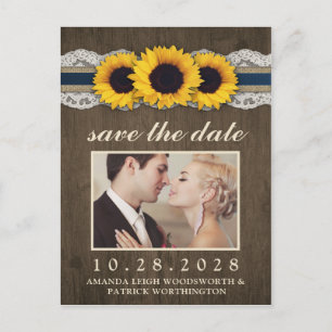 Foto Sunflower Rustic Blue Burlap Save the Date Ankündigungspostkarte