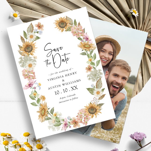Foto Sunflower Save the Date Karte (Photo Sunflower Wildflower Wreath Floral Save the Date Card by Painted Paperie
)