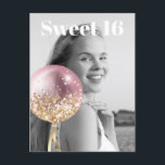 * FOTO Sweet 16 Birthday Rose Ballon AP29 Einladungspostkarte<br><div class="desc">(Suche nach ähnlichen Designs auf verschiedenen Produkten in AP29) (Dieses Design kann leicht an JEDES Alter oder EVENT angepasst werden) Erfahren Sie, wenn Sie Hilfe benötigen. *~* Energienachere Postkarte / Postkarte. Ändern / Bearbeiten Sie den Text und das FOTO des süßen 16 Geburtstagskarls. Abstrakte Künstlerische Girly Chic SWEET 16 Save...</div>