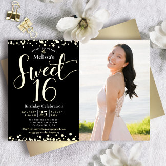 Foto Sweet 16 Geburtstag Modernes Black Real Gold Folieneinladung