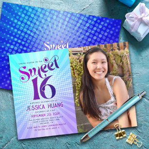 Foto Sweet 16 Groovy Lila Blau Farbverlauf Retro Einladung