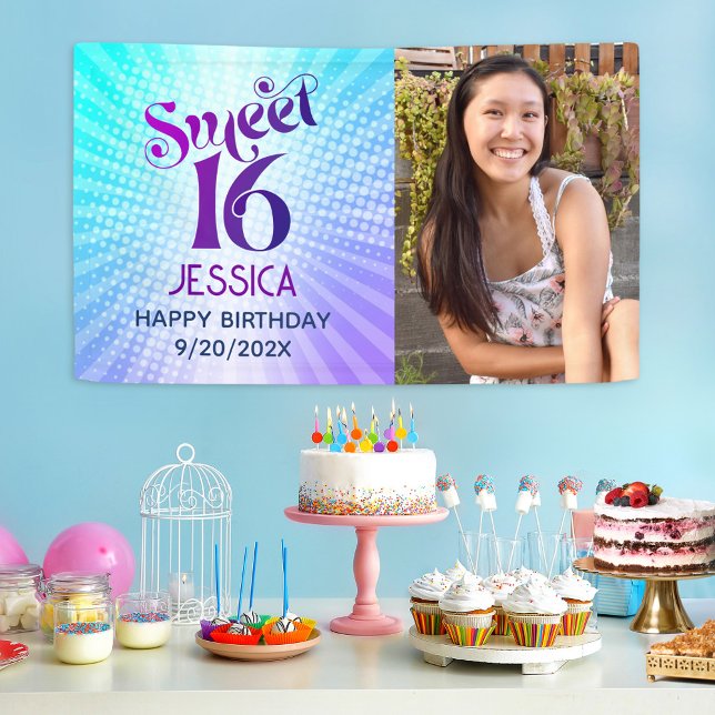 Foto Sweet 16 Groovy Lila Blue Gradient Retro Banner (Von Creator hochgeladen)