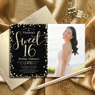 Foto Sweet 16 Modern Gold Schwarz Glitter Geburtst Einladung