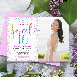 Foto Sweet 16 Rainbow Glitzer Confetti Birthday Einladung