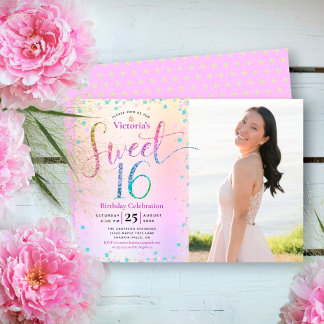 Foto Sweet 16 Rainbow Glitzer Ombre Foil Birthday Einladung