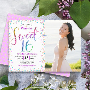 Foto Sweet 16 Regenbogen Glitter Konfetti Geburtst Einladung