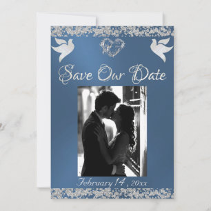 Foto, Tauben, Silberherz und Glitzer - blau Save The Date