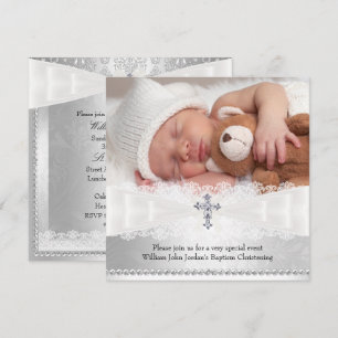 Foto-Tauf-Einladung Weiß & Silber Kreuz Einladung