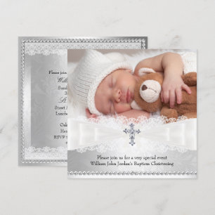 Foto-Tauf-Einladung Weiß & Silber Kreuz Einladung