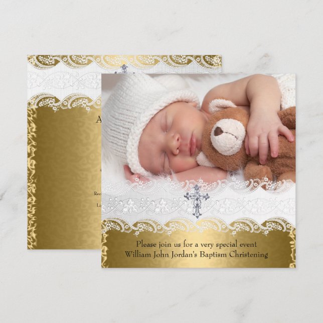 Foto Taufe Gold Lace Cross Baby Boy Girl Einladung (Vorne/Hinten)