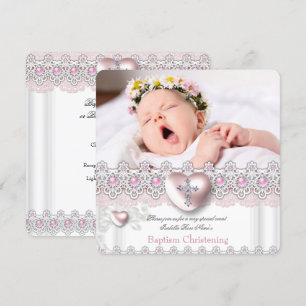 Foto-Taufe Pink Silber Herz Kreuz Mädchen Perle Einladung