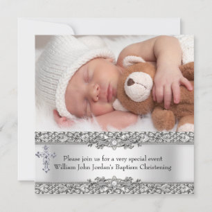 Foto-Taufe Silber-Spitzen-Kreuz Baby Junge Mädchen Einladung