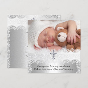 Foto-Taufe Spitze Kreuz Baby Junge Mädchen Silber Einladung