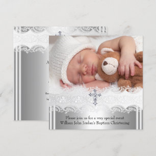 Foto-Taufe-Spitzenkreuz-Baby-Junge-Mädchen-Silber  Einladung