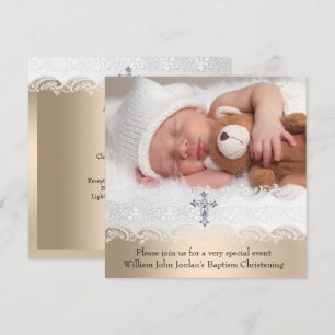 Foto Taufe White Beige Cross Baby Girl Boy Einladung